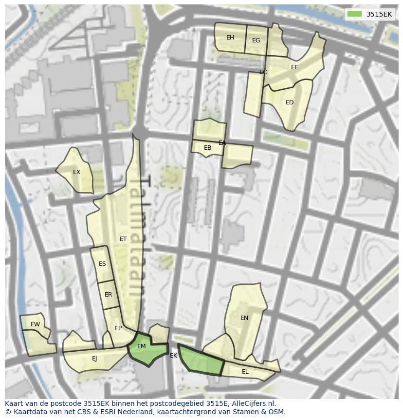 Afbeelding van het postcodegebied 3515 EK op de kaart.