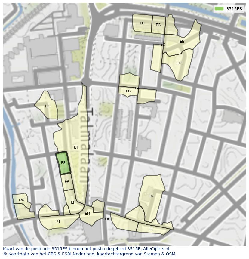 Afbeelding van het postcodegebied 3515 ES op de kaart.