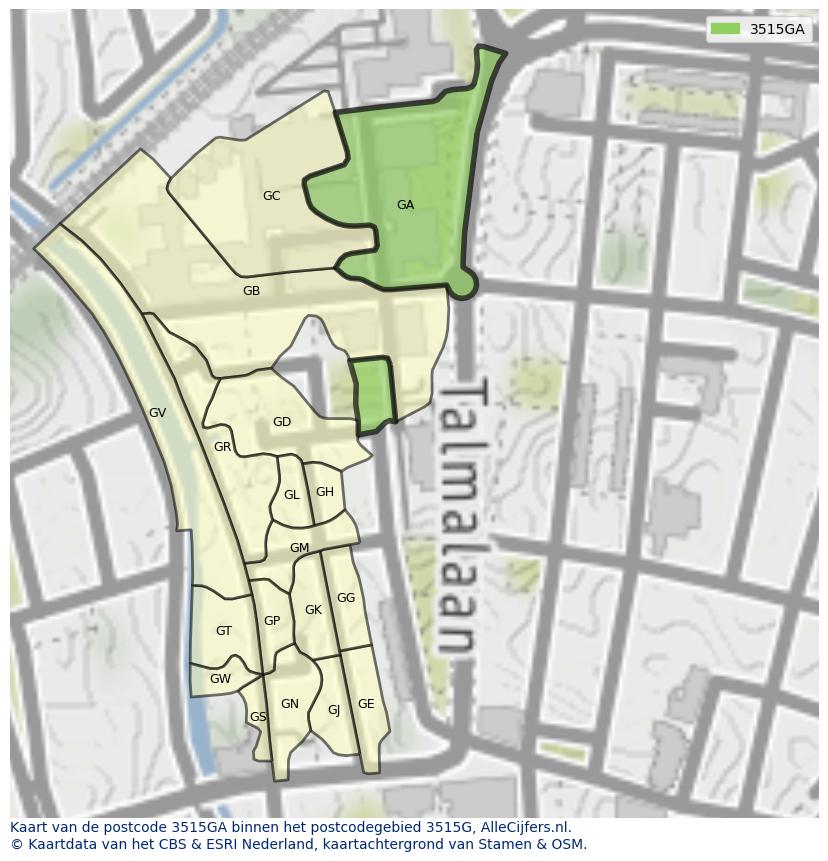 Afbeelding van het postcodegebied 3515 GA op de kaart.