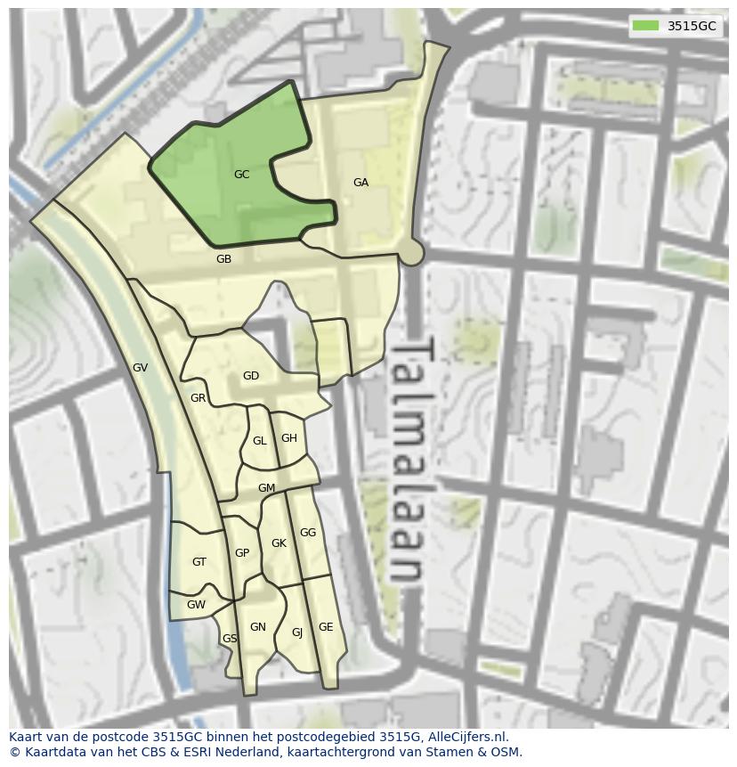 Afbeelding van het postcodegebied 3515 GC op de kaart.