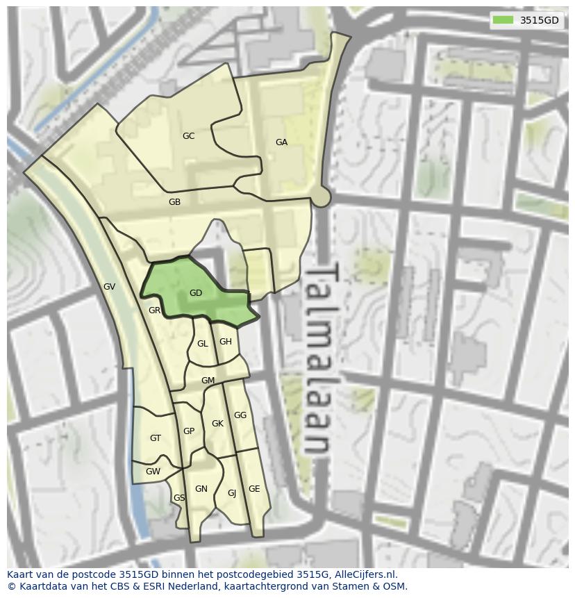 Afbeelding van het postcodegebied 3515 GD op de kaart.