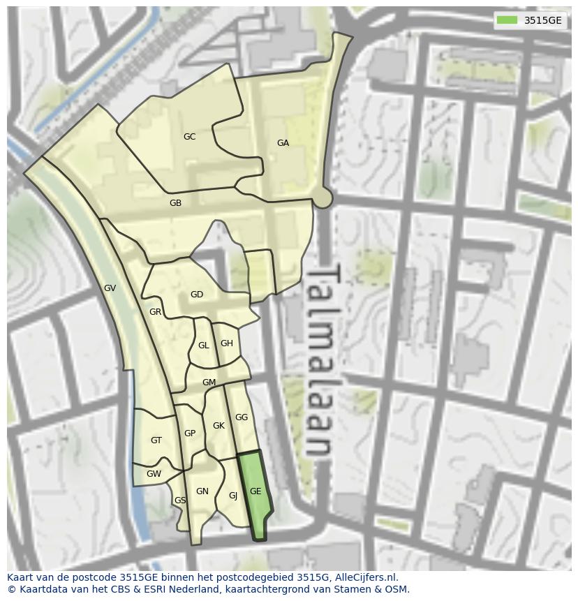 Afbeelding van het postcodegebied 3515 GE op de kaart.