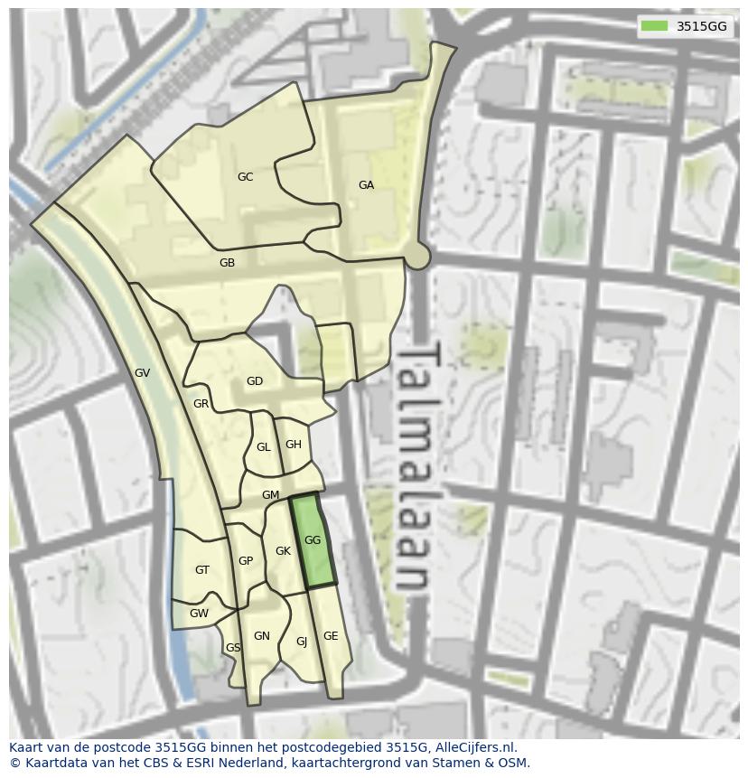 Afbeelding van het postcodegebied 3515 GG op de kaart.
