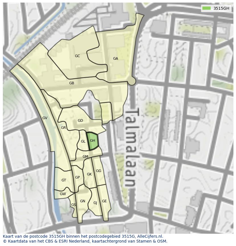 Afbeelding van het postcodegebied 3515 GH op de kaart.