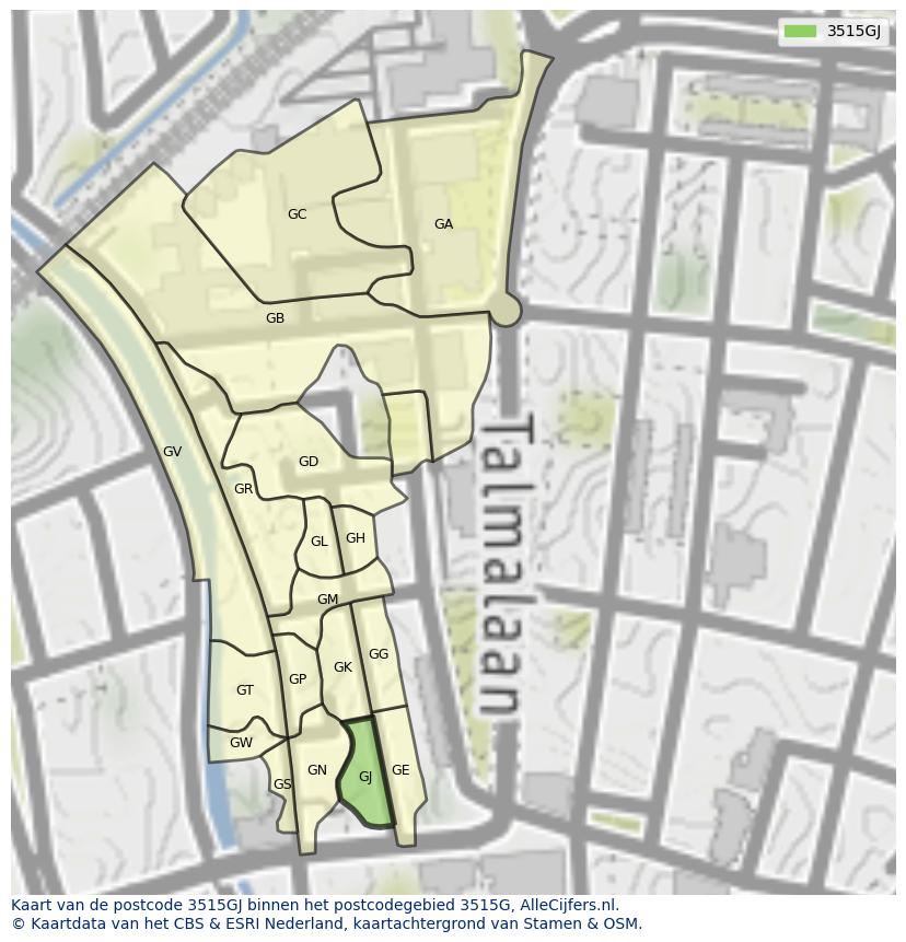 Afbeelding van het postcodegebied 3515 GJ op de kaart.