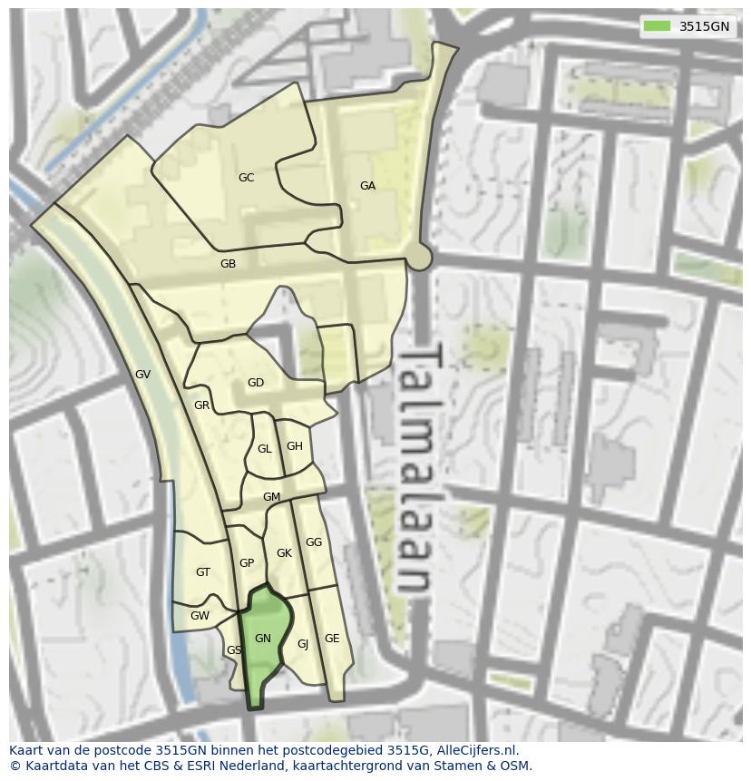 Afbeelding van het postcodegebied 3515 GN op de kaart.