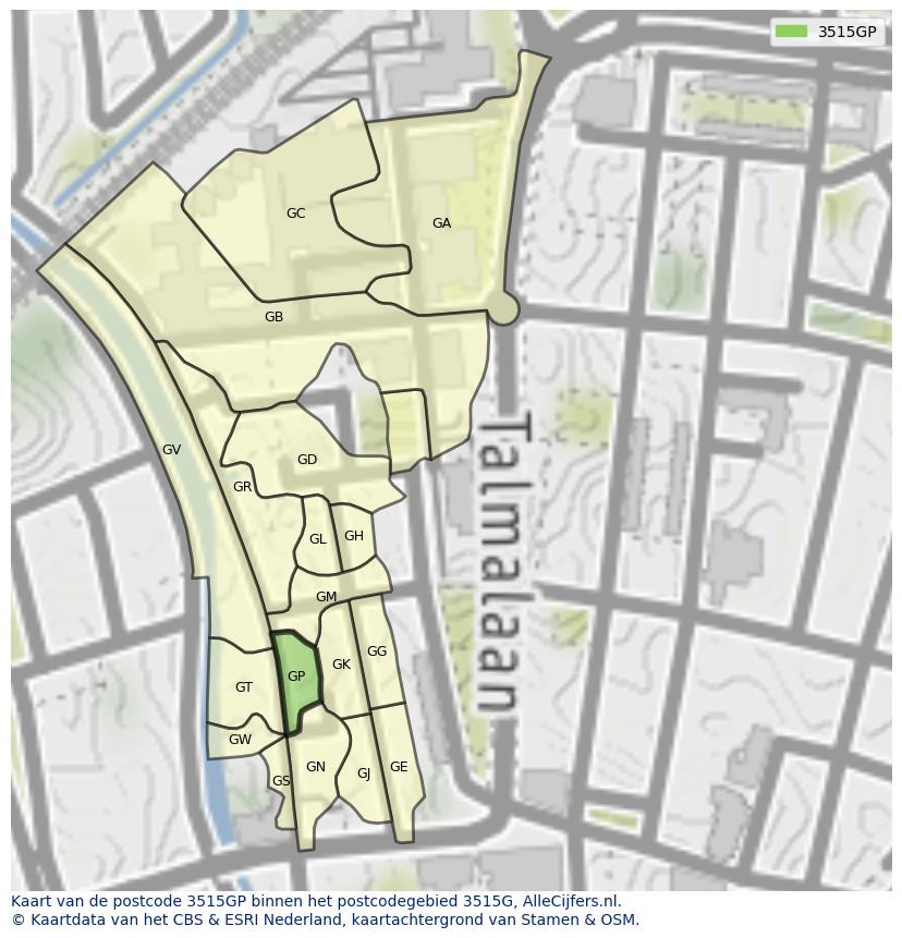 Afbeelding van het postcodegebied 3515 GP op de kaart.