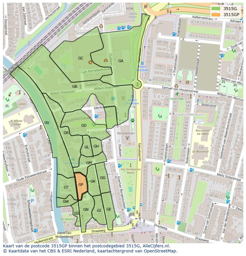 Afbeelding van het postcodegebied 3515 GP op de kaart.