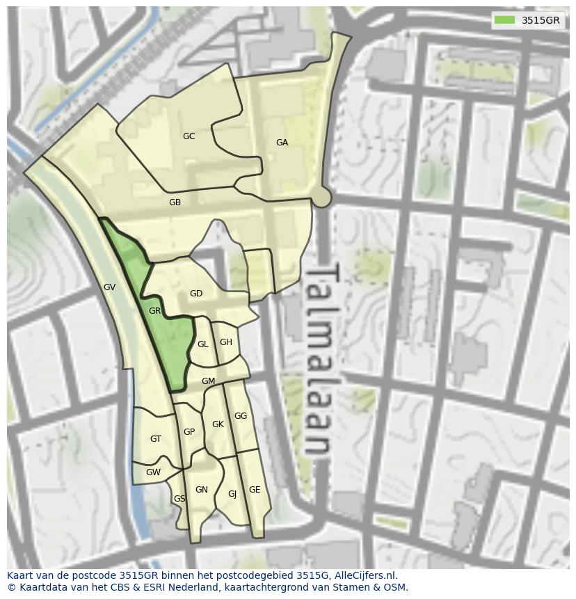 Afbeelding van het postcodegebied 3515 GR op de kaart.