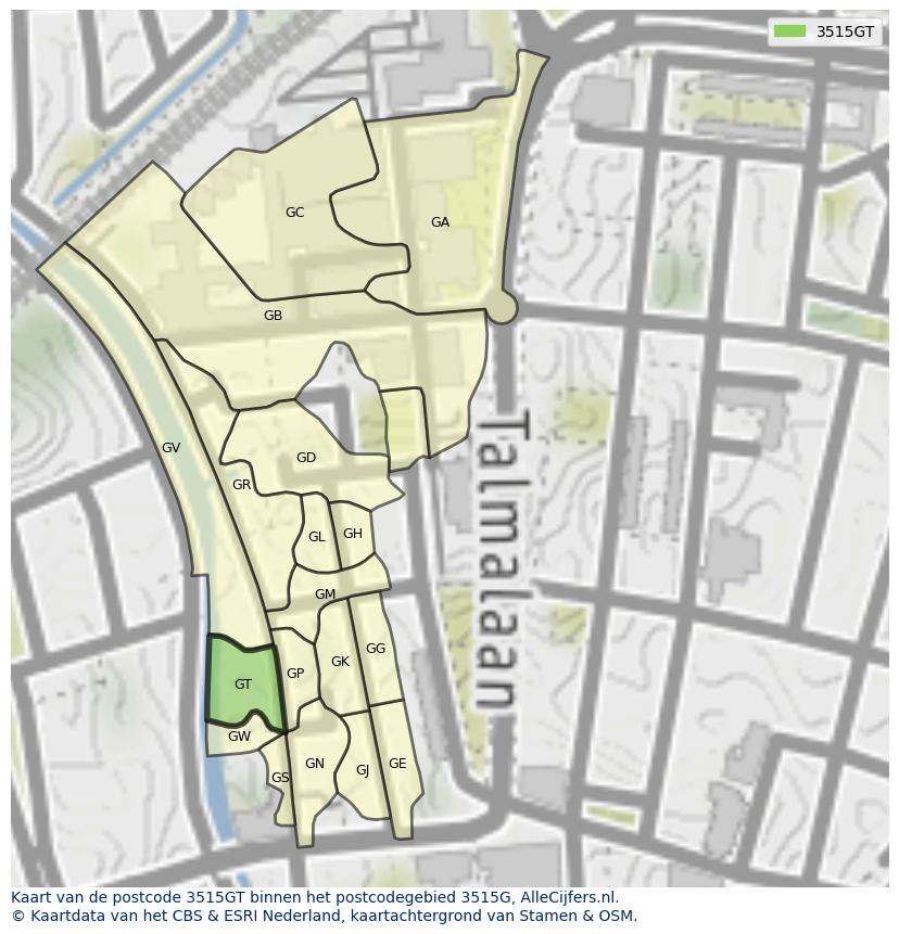 Afbeelding van het postcodegebied 3515 GT op de kaart.
