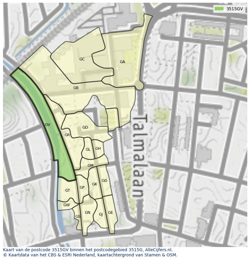 Afbeelding van het postcodegebied 3515 GV op de kaart.