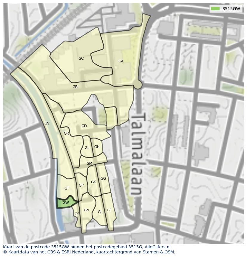 Afbeelding van het postcodegebied 3515 GW op de kaart.