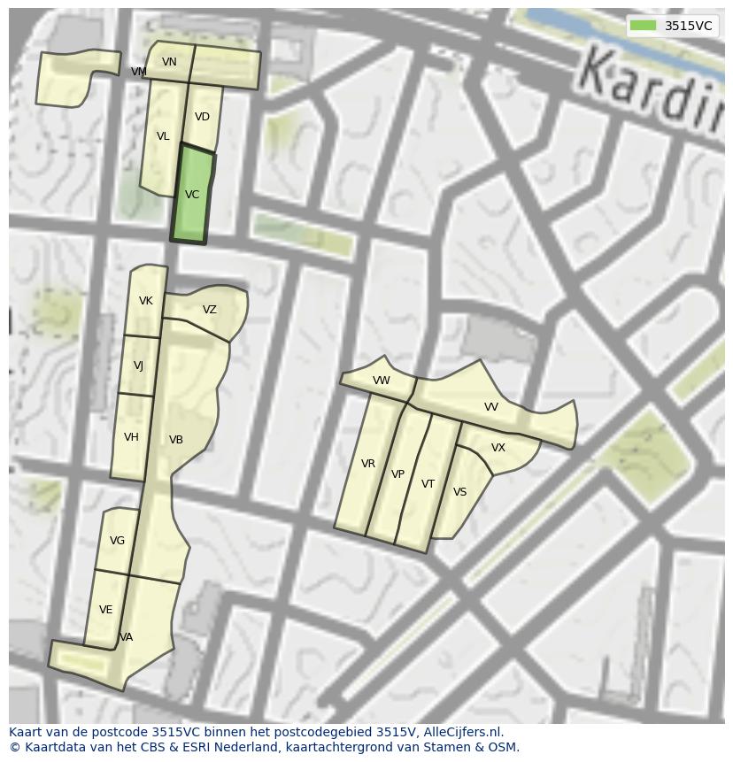 Afbeelding van het postcodegebied 3515 VC op de kaart.