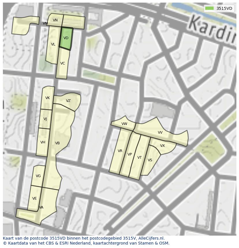 Afbeelding van het postcodegebied 3515 VD op de kaart.