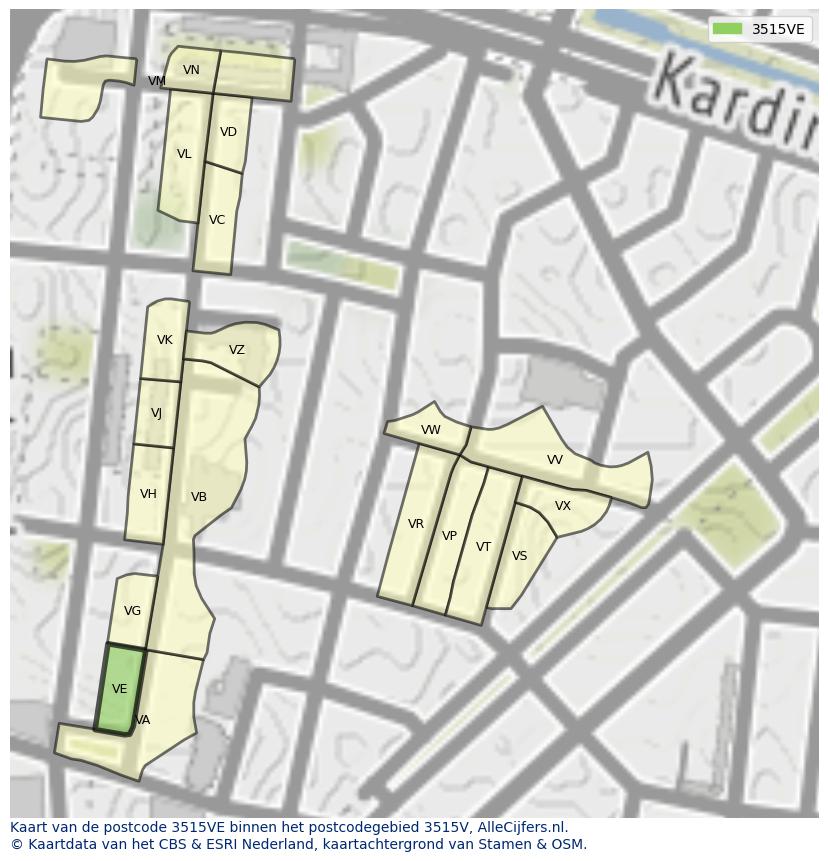 Afbeelding van het postcodegebied 3515 VE op de kaart.