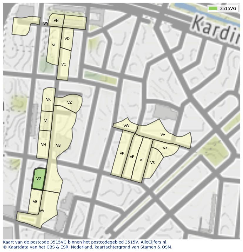 Afbeelding van het postcodegebied 3515 VG op de kaart.
