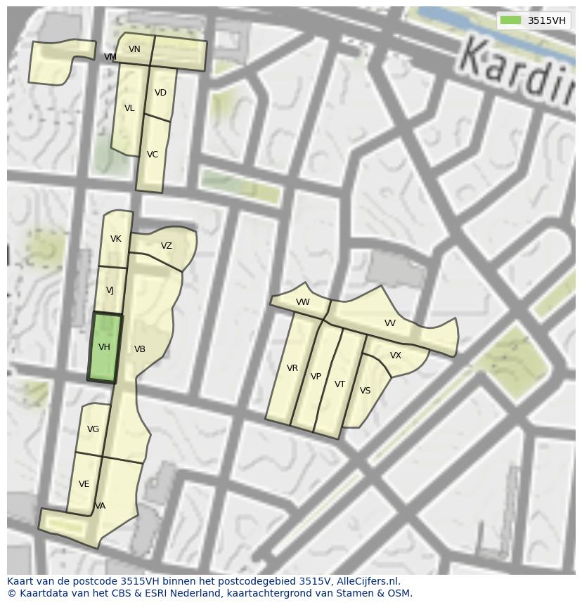 Afbeelding van het postcodegebied 3515 VH op de kaart.