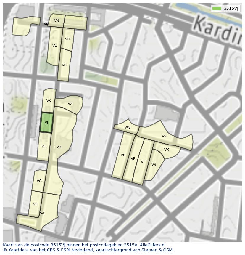 Afbeelding van het postcodegebied 3515 VJ op de kaart.