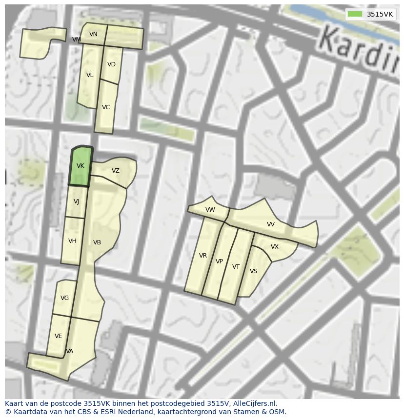 Afbeelding van het postcodegebied 3515 VK op de kaart.