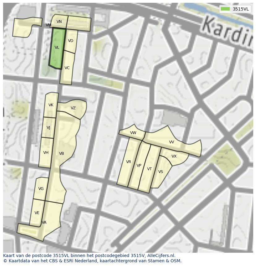 Afbeelding van het postcodegebied 3515 VL op de kaart.
