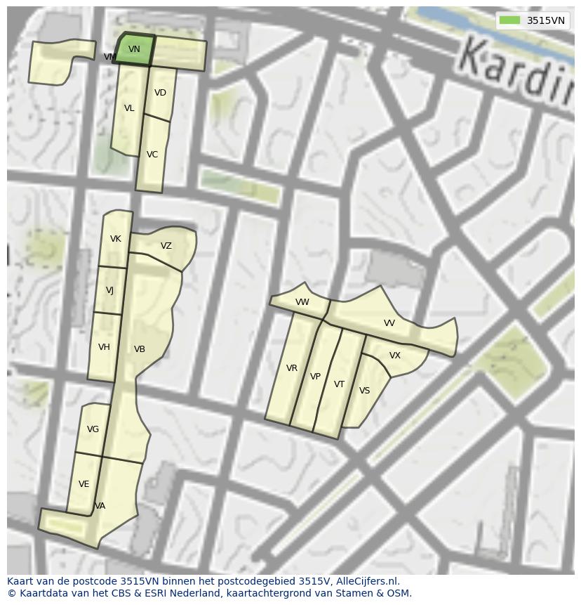 Afbeelding van het postcodegebied 3515 VN op de kaart.