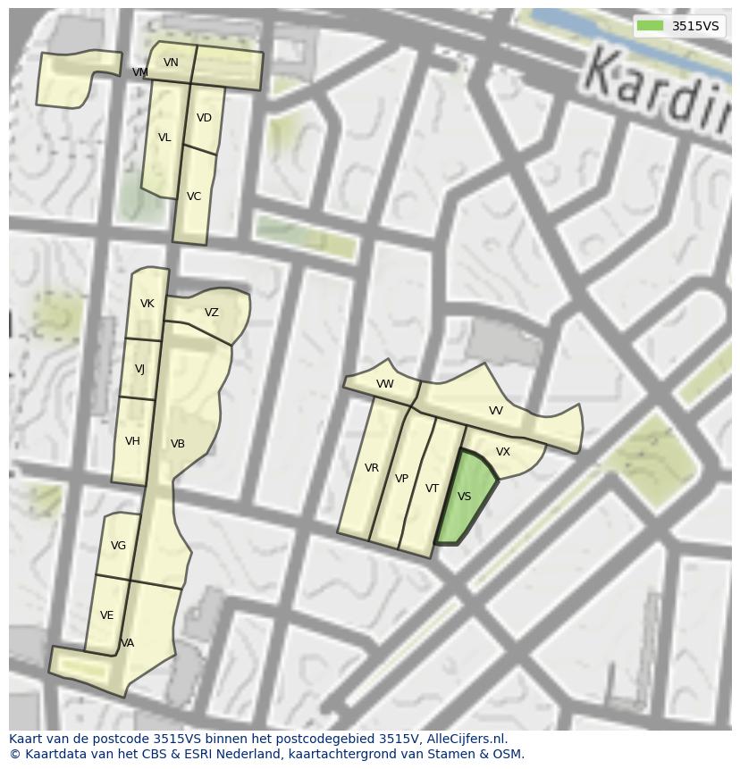 Afbeelding van het postcodegebied 3515 VS op de kaart.