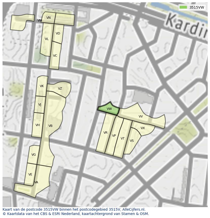 Afbeelding van het postcodegebied 3515 VW op de kaart.