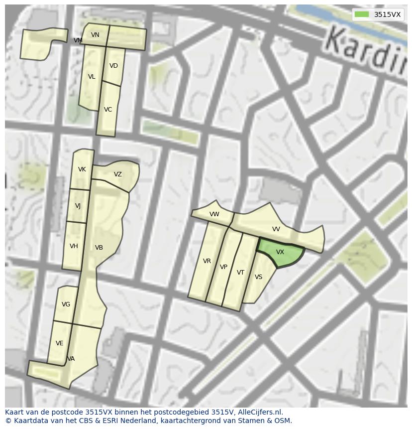 Afbeelding van het postcodegebied 3515 VX op de kaart.