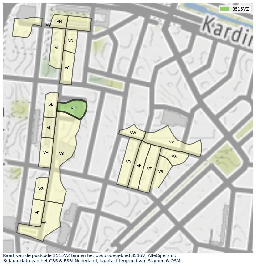 Afbeelding van het postcodegebied 3515 VZ op de kaart.