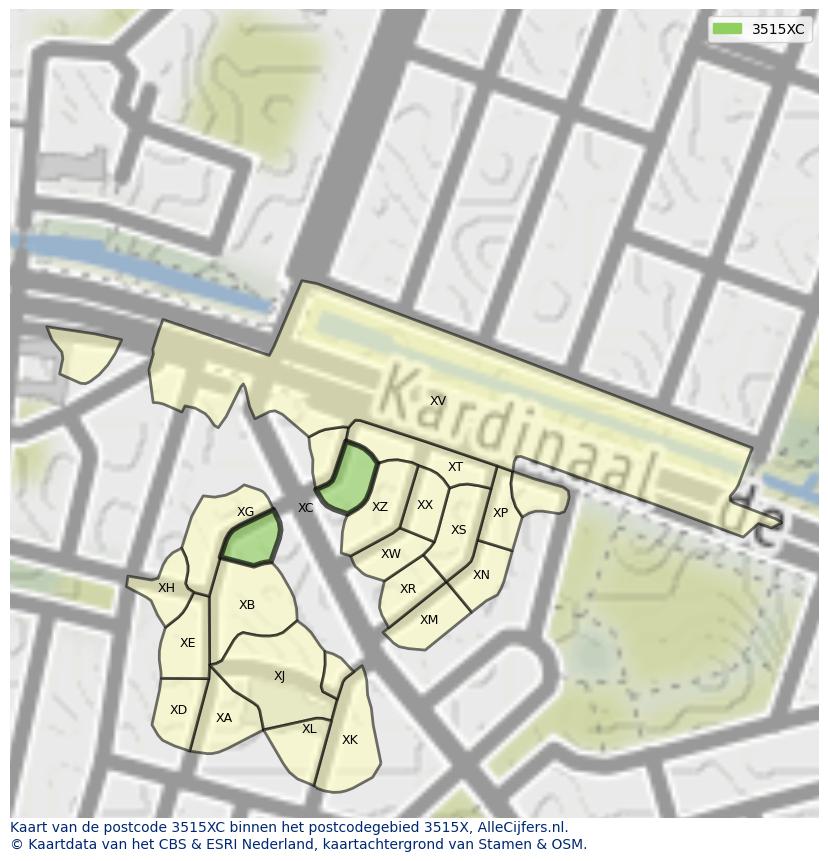 Afbeelding van het postcodegebied 3515 XC op de kaart.