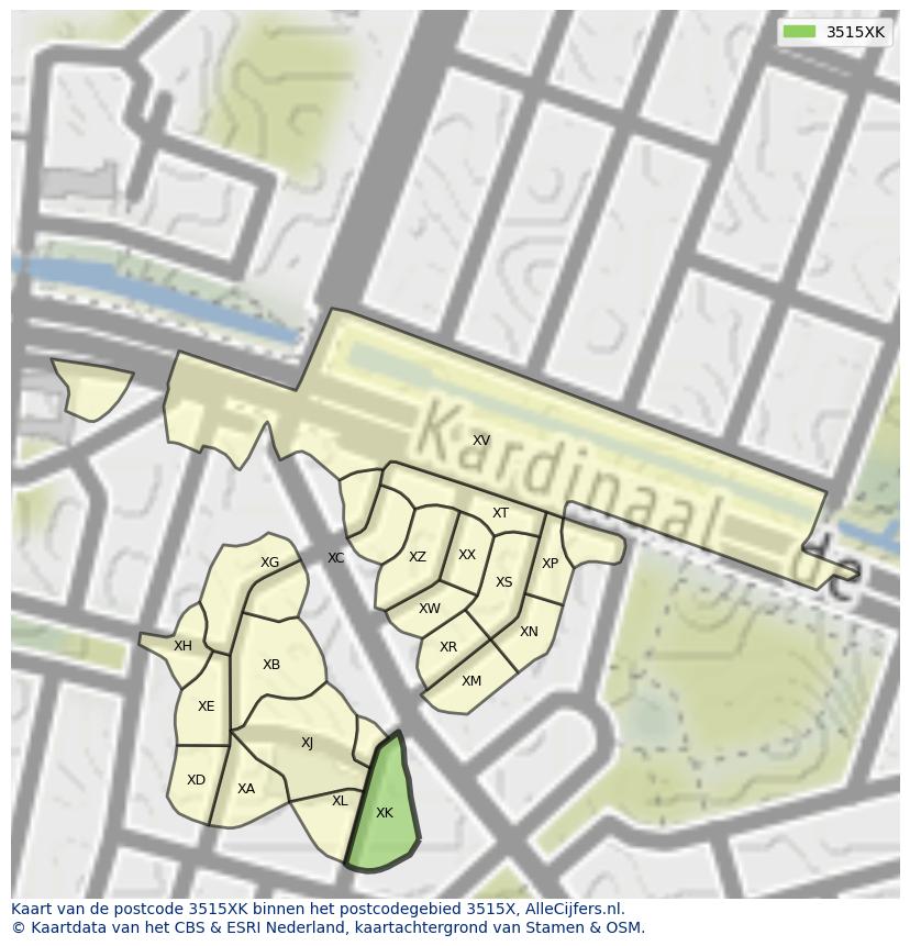 Afbeelding van het postcodegebied 3515 XK op de kaart.