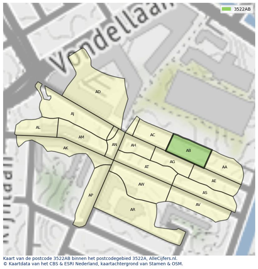 Afbeelding van het postcodegebied 3522 AB op de kaart.