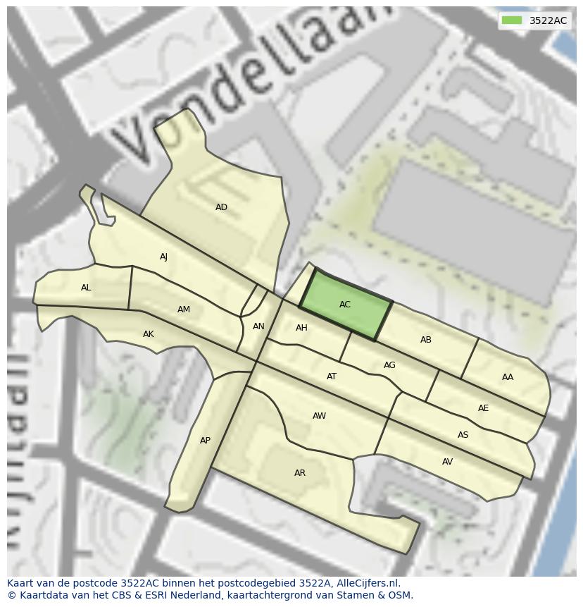 Afbeelding van het postcodegebied 3522 AC op de kaart.