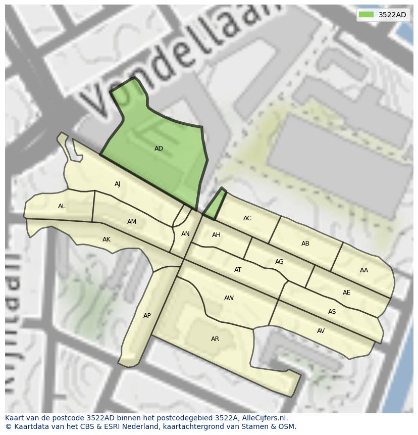 Afbeelding van het postcodegebied 3522 AD op de kaart.