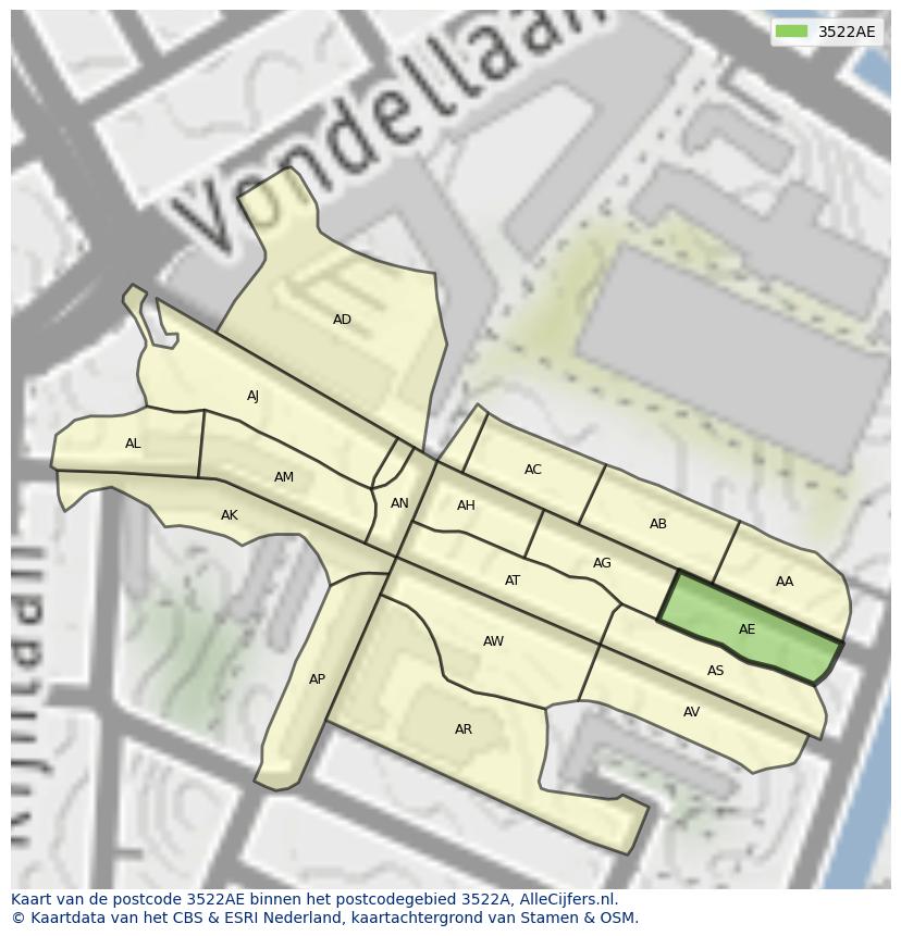 Afbeelding van het postcodegebied 3522 AE op de kaart.