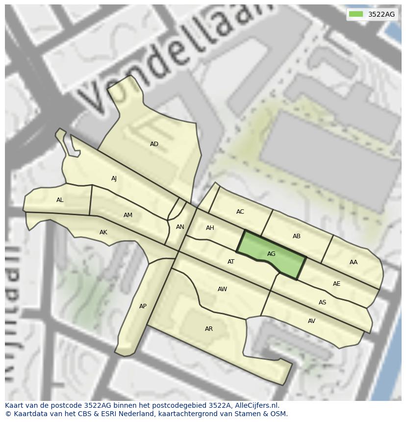 Afbeelding van het postcodegebied 3522 AG op de kaart.