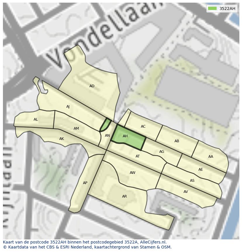 Afbeelding van het postcodegebied 3522 AH op de kaart.