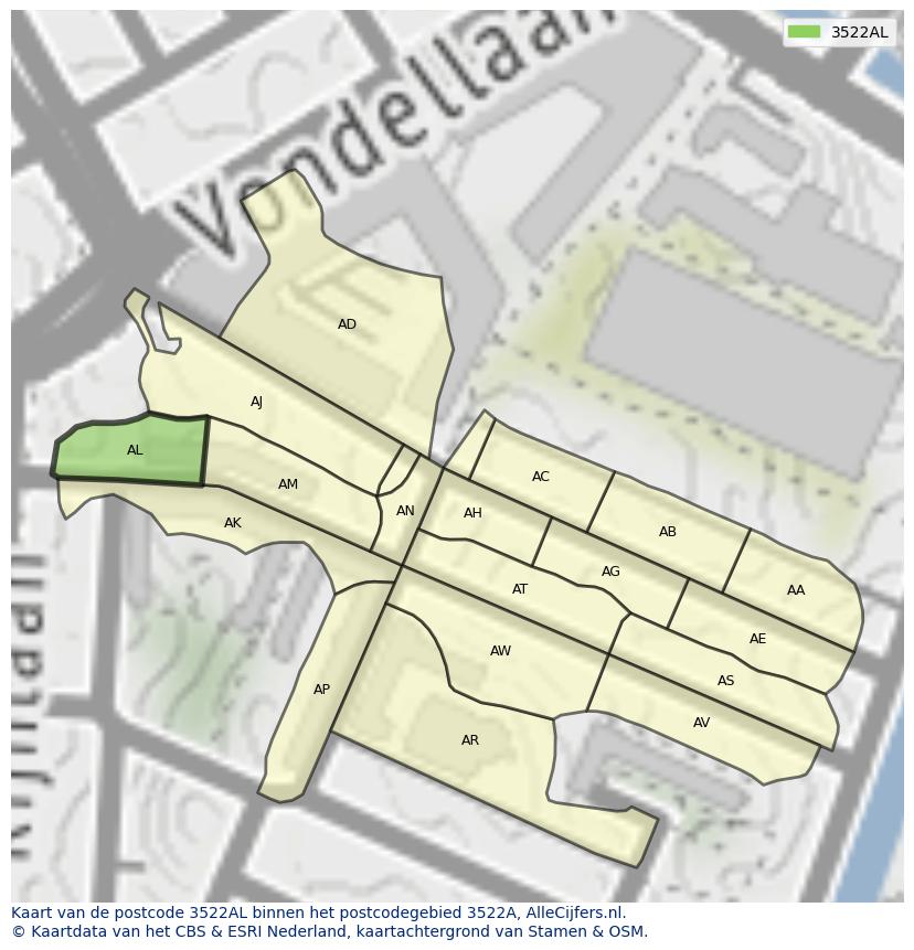 Afbeelding van het postcodegebied 3522 AL op de kaart.