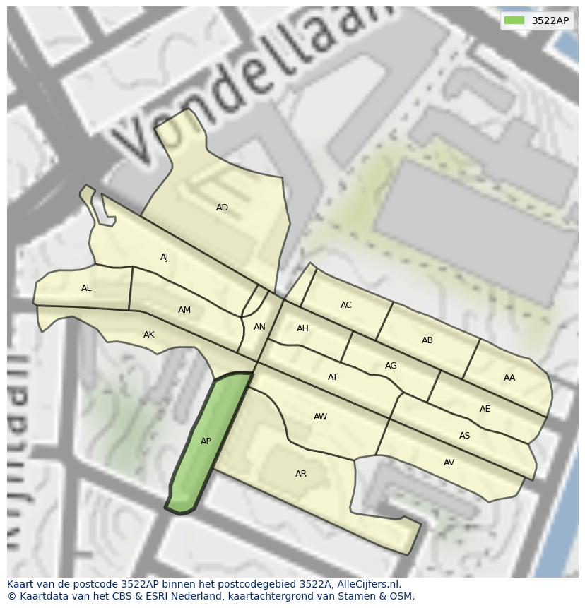 Afbeelding van het postcodegebied 3522 AP op de kaart.