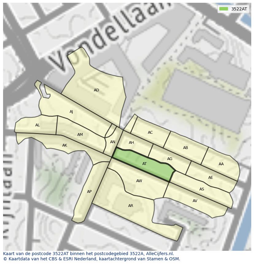 Afbeelding van het postcodegebied 3522 AT op de kaart.