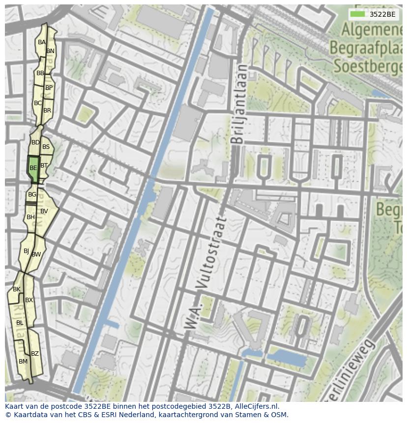 Afbeelding van het postcodegebied 3522 BE op de kaart.