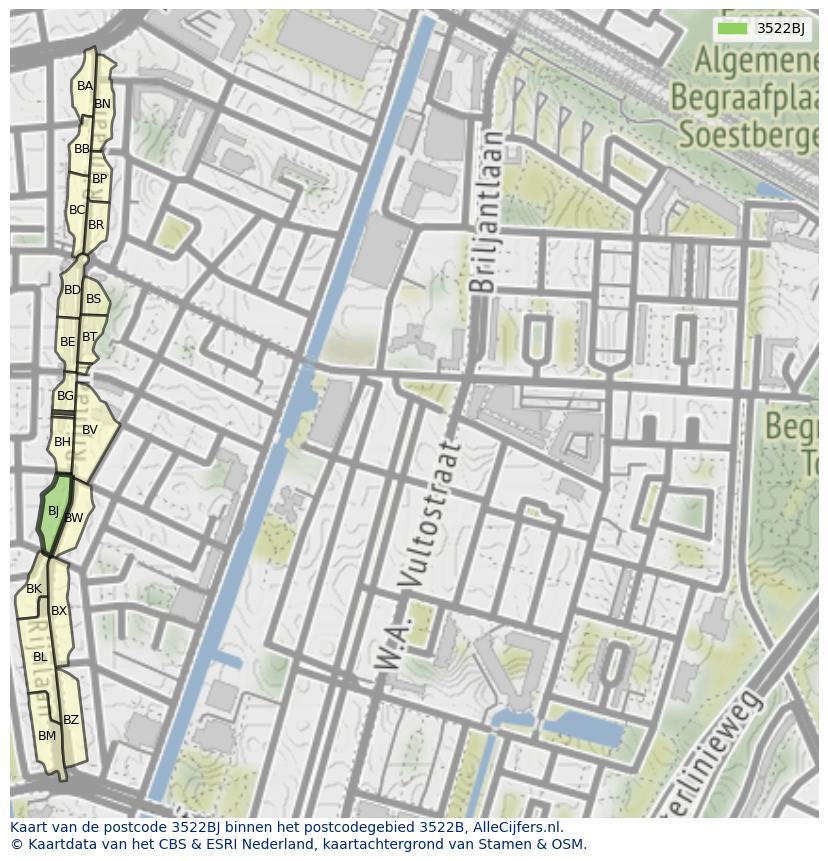 Afbeelding van het postcodegebied 3522 BJ op de kaart.