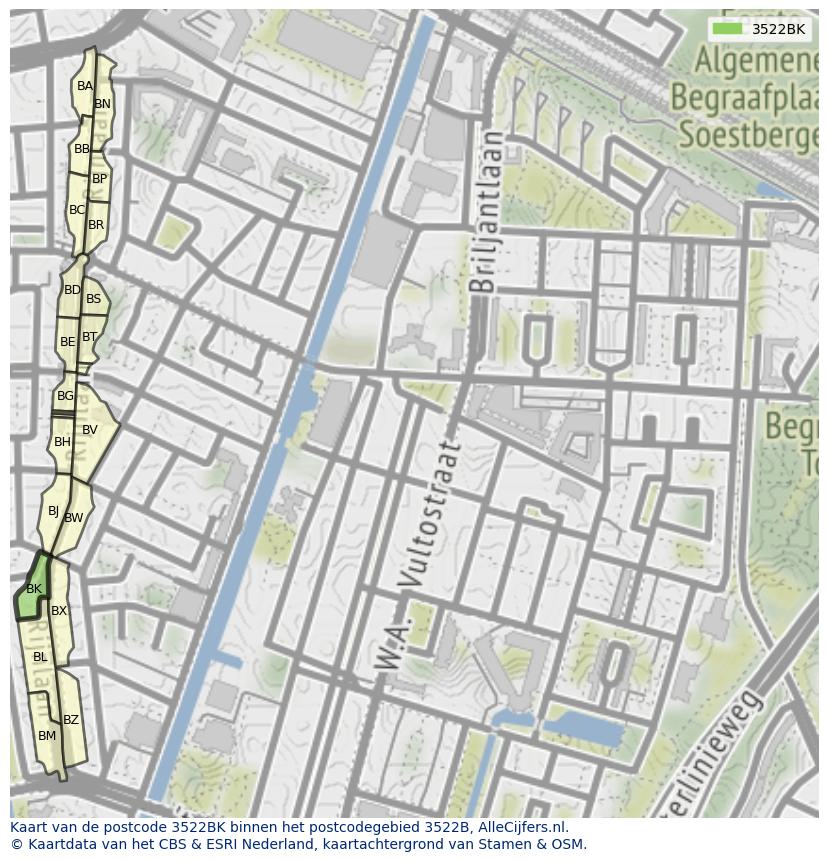 Afbeelding van het postcodegebied 3522 BK op de kaart.