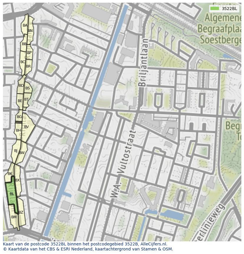 Afbeelding van het postcodegebied 3522 BL op de kaart.