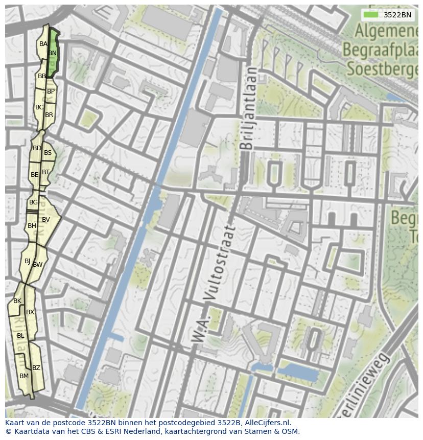 Afbeelding van het postcodegebied 3522 BN op de kaart.