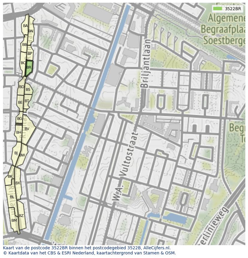 Afbeelding van het postcodegebied 3522 BR op de kaart.