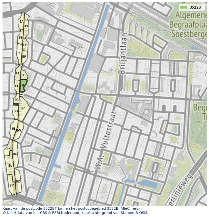 Afbeelding van het postcodegebied 3522 BT op de kaart.