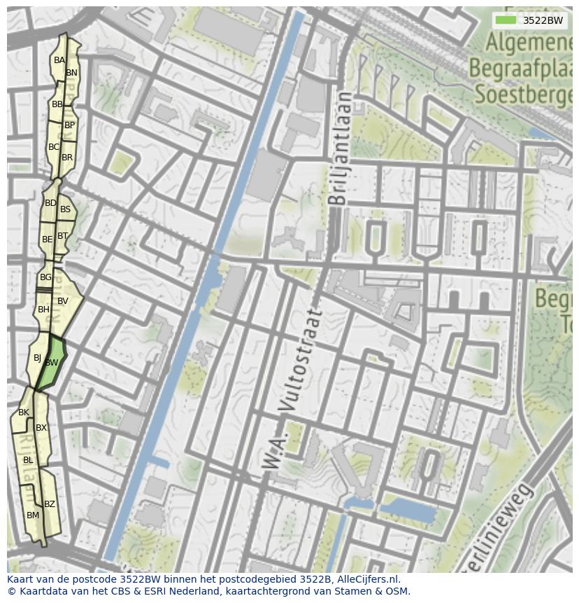 Afbeelding van het postcodegebied 3522 BW op de kaart.