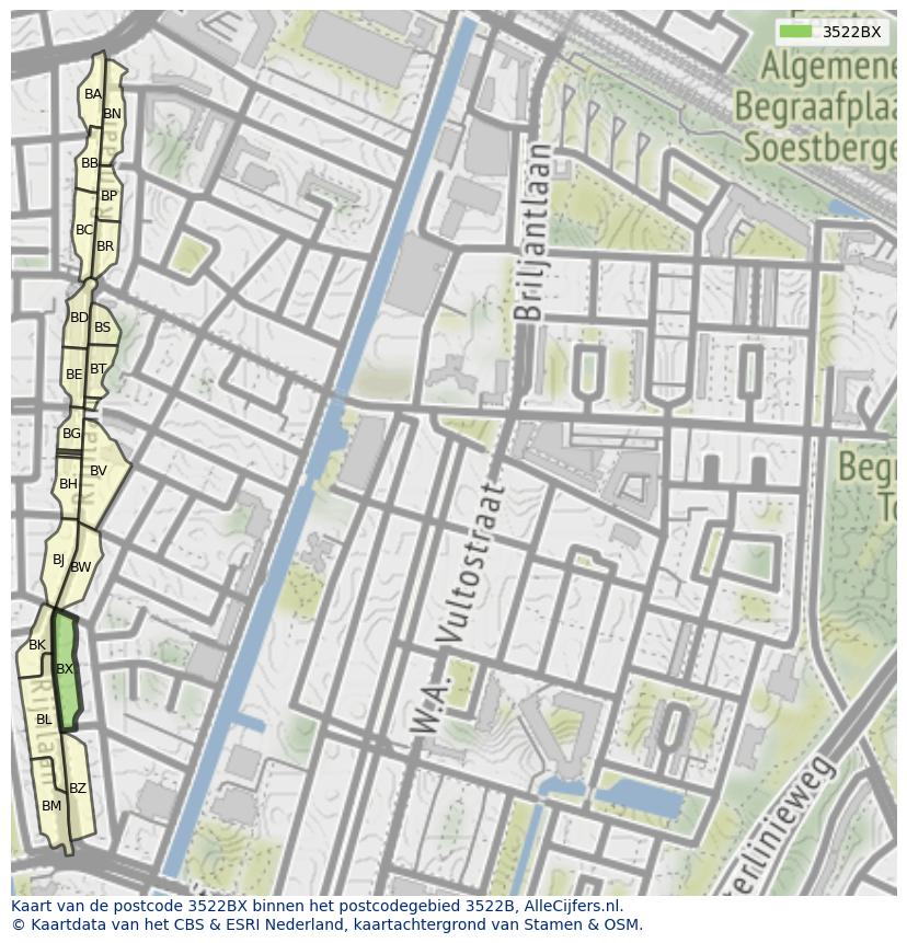 Afbeelding van het postcodegebied 3522 BX op de kaart.