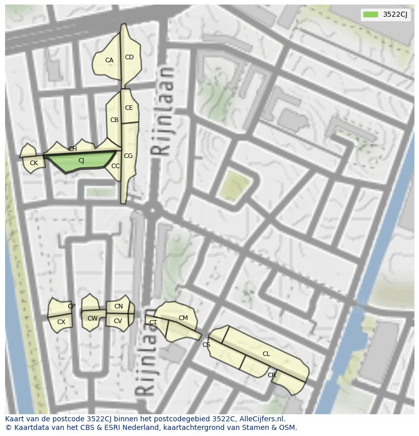 Afbeelding van het postcodegebied 3522 CJ op de kaart.